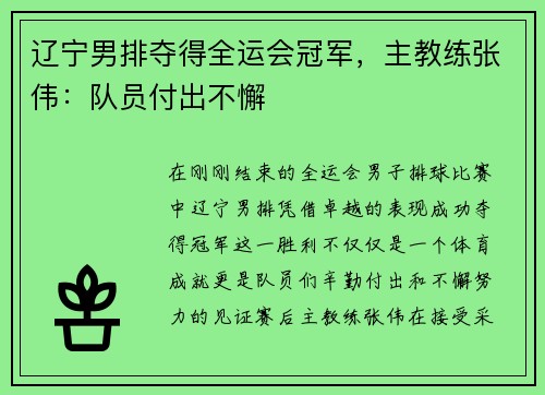辽宁男排夺得全运会冠军，主教练张伟：队员付出不懈