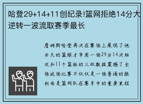 哈登29+14+11创纪录!篮网拒绝14分大逆转一波流取赛季最长