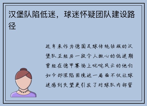 汉堡队陷低迷，球迷怀疑团队建设路径