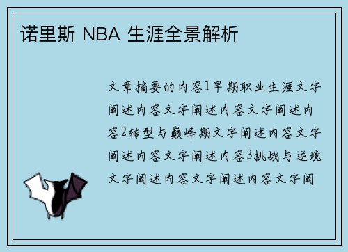 诺里斯 NBA 生涯全景解析