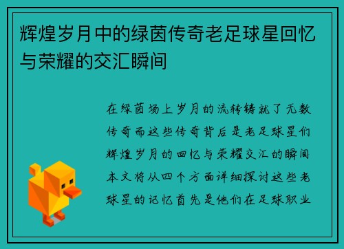 辉煌岁月中的绿茵传奇老足球星回忆与荣耀的交汇瞬间